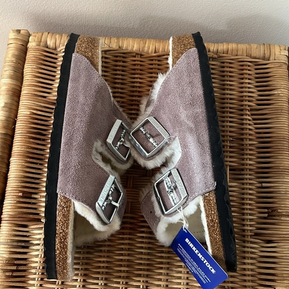 Free People x Birkenstock Arizona Shearling Suede Leather Sandals Sz 7 NWT - Picture 6 of 15